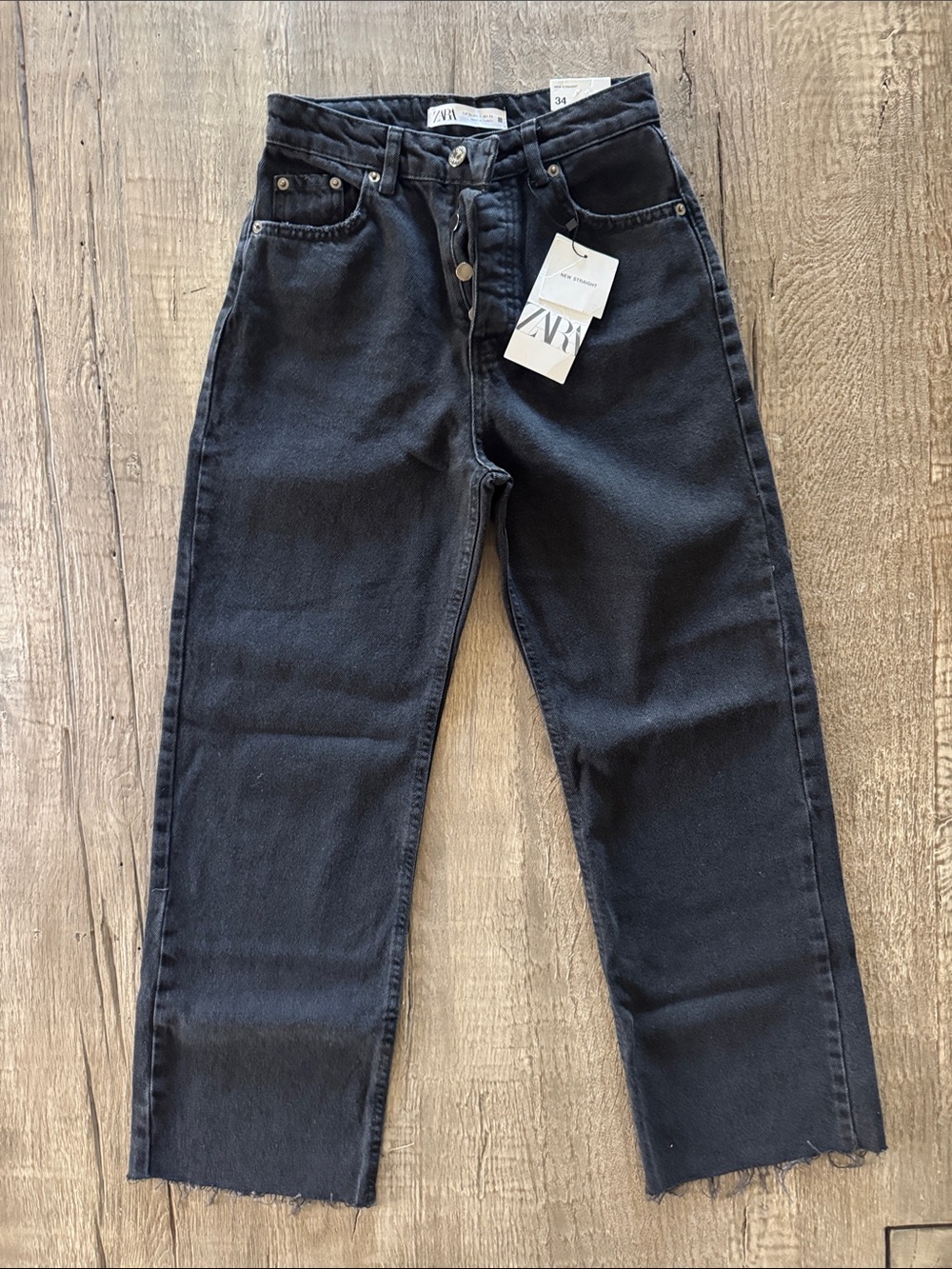 Zara Black Raw-Hem High-Rise Straight Jeans